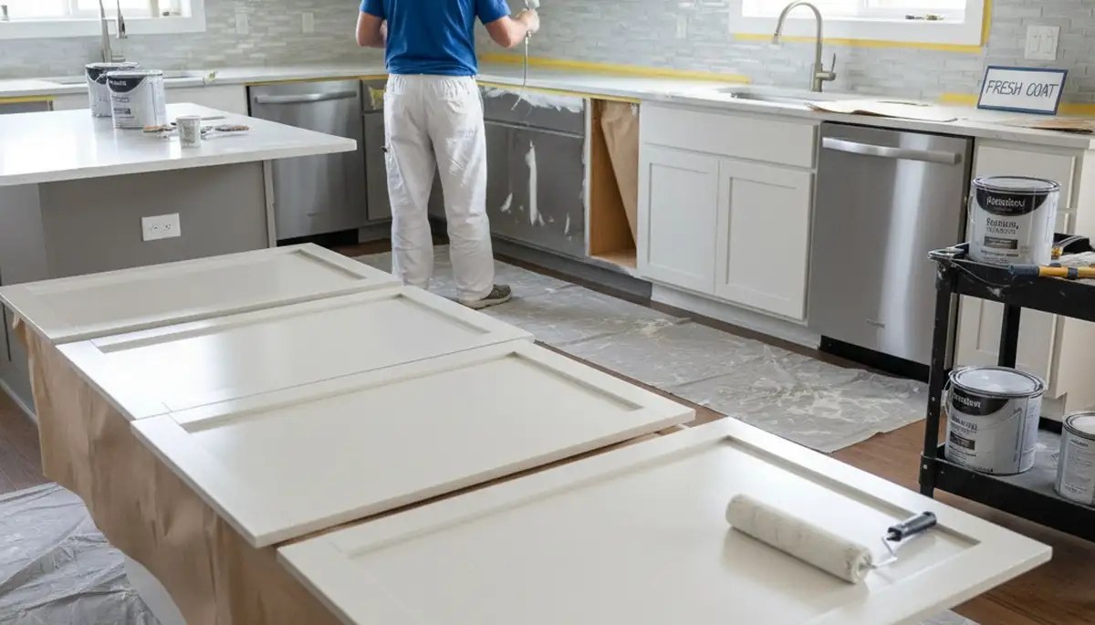 Cabinet doors freshly refinished in white while the cabinet boxes are painted in place