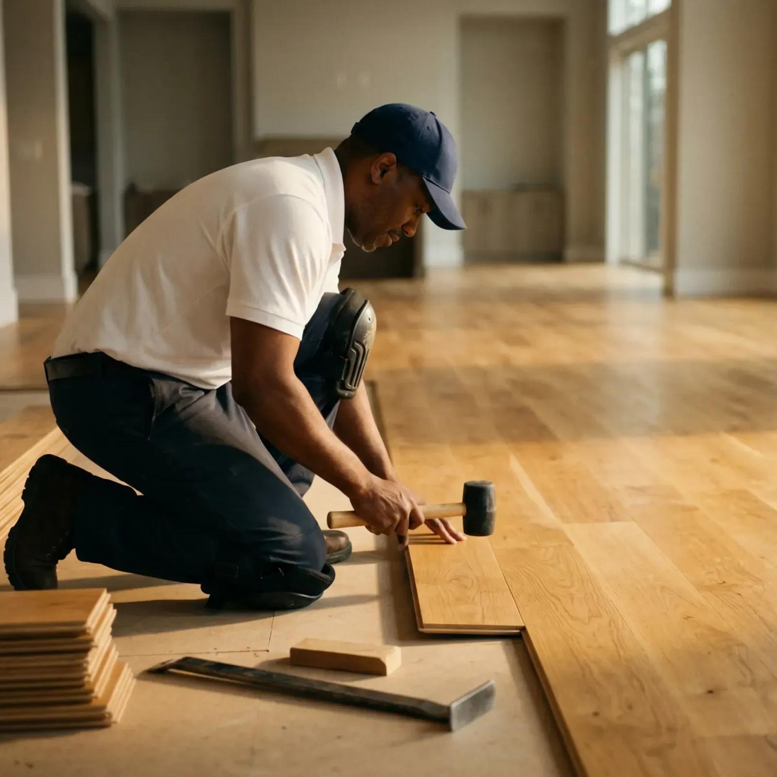 An installer fitting new wood-look luxury vinyl plank flooring plank by plank